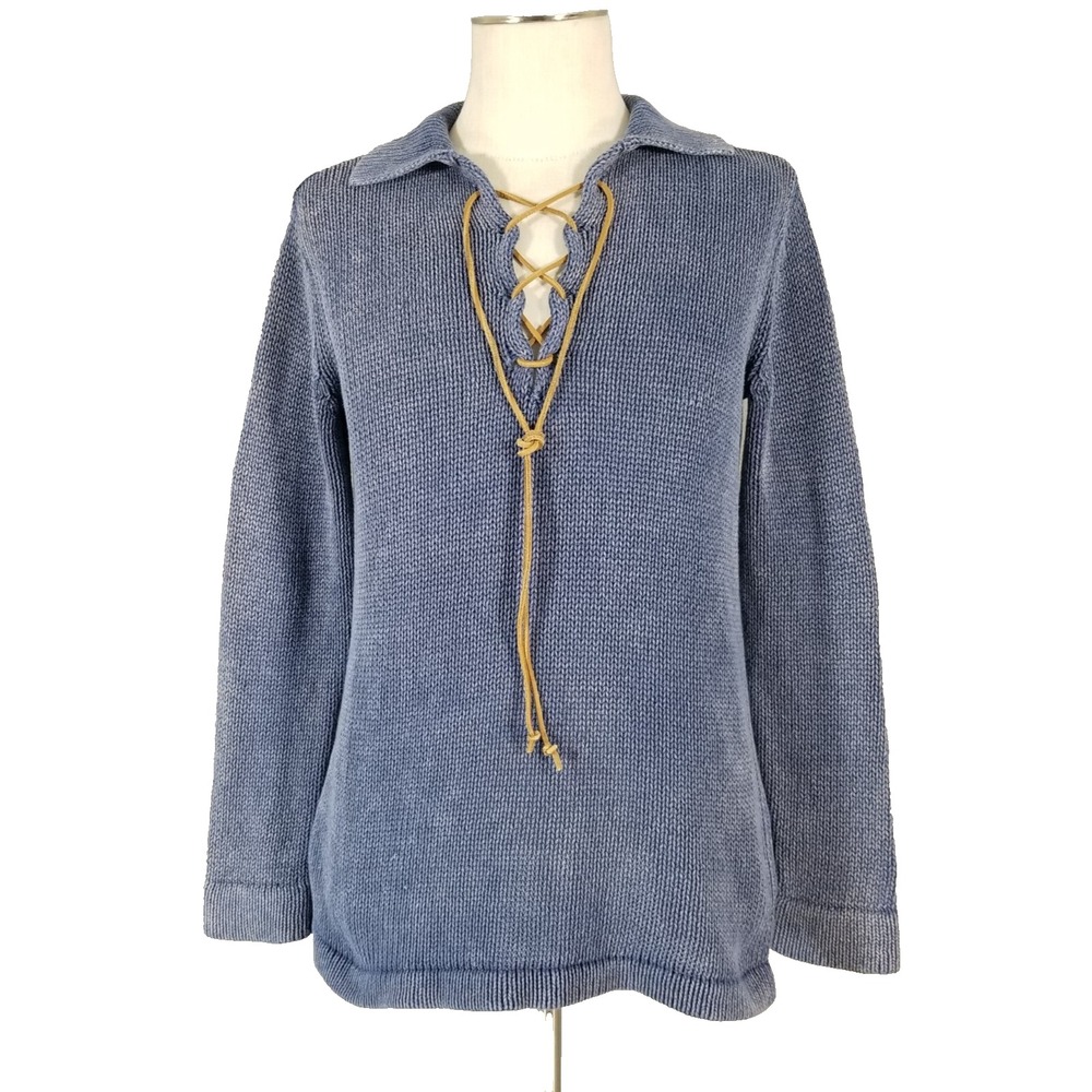 Newport News Sweater Womens M Blue Jeanology Lace Up Boho Retro Pullover